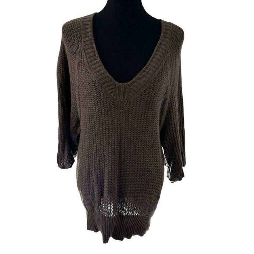 J. Jill‎ Brown V-Neck Short Flutter Sleeve Cotton Blend Light Weight Sweater L